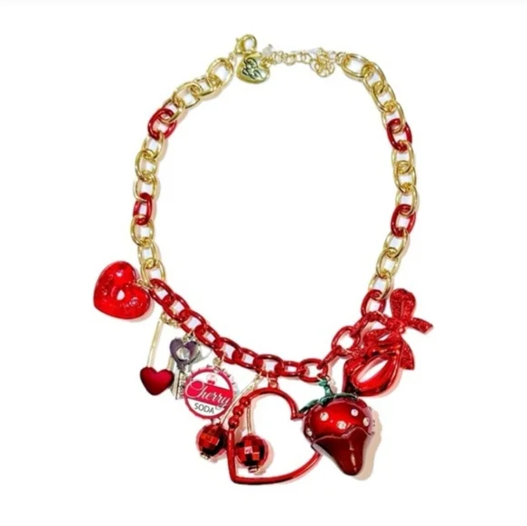Betsey Johnson Chocolate Dipped Strawberry Cherry Bow Lips Gold Necklace BNWT EA